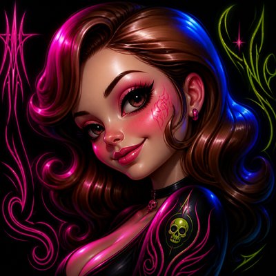 head-and-shoulders portrait of an original character: a young woman with wavy chestnut hair and a warm smile, plain soft backdrop