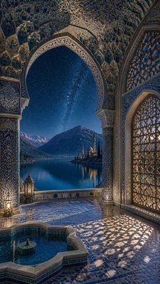 a tranquil mountain lake beneath a starry night sky, no people, no text