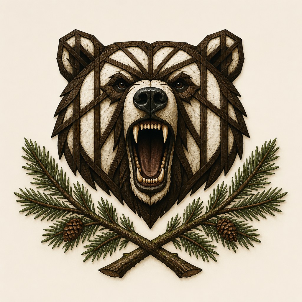 a roaring bear head above crossed pine branches, bold graphic composition on a plain background, no text