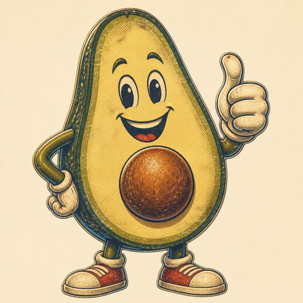 a happy avocado character giving a thumbs up, bold readable design on a plain background, no text