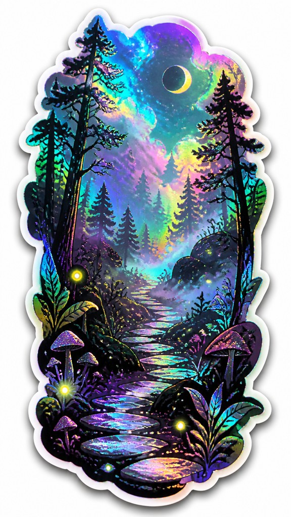 a mysterious forest path with fireflies and drifting mist, atmospheric vertical composition with open space at the top, no text