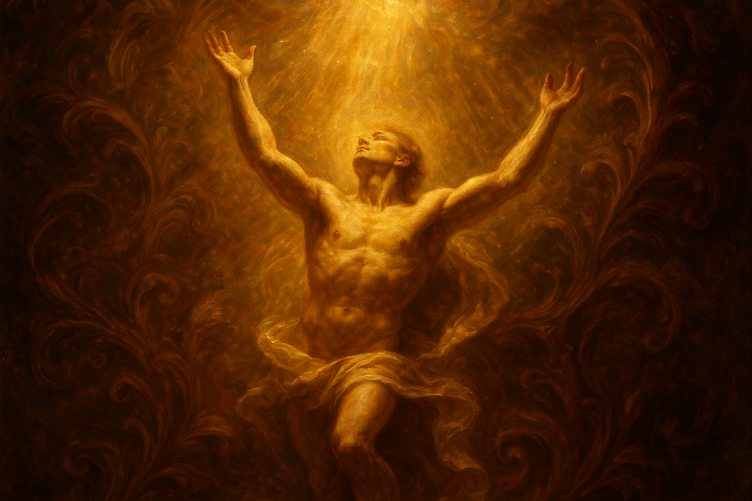 a painting of a man with his hands up in the air