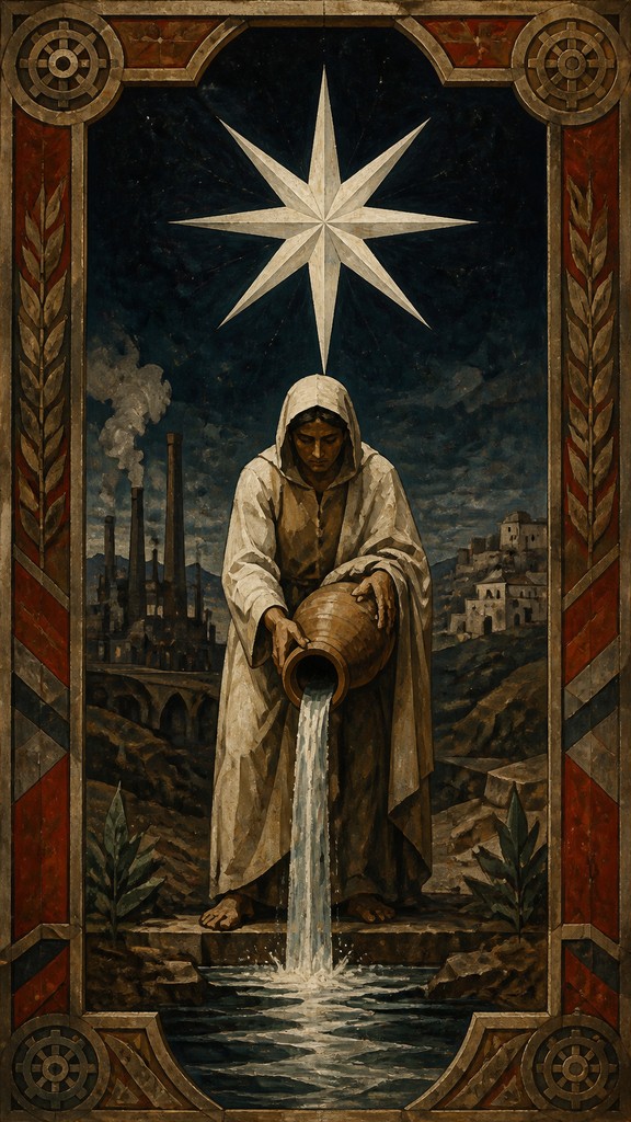 a robed figure pouring water beneath a large eight-pointed star in a night sky, symmetrical composition with an ornate decorative border, no text