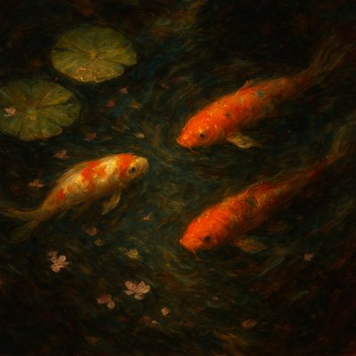 A koi pond seen from above, orange and white koi fish swimming among lily pads, clear water with subtle ripples, fallen cherry blossom petals floating on the surface, dappled sunlight