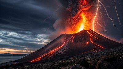 an erupting volcano with lightning strikes, dramatic wide composition, no text