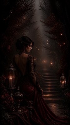 a mysterious forest path with fireflies and drifting mist, atmospheric vertical composition with open space at the top, no text