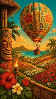 a hot air balloon drifting over rolling flower fields on a sunny day, cheerful, no text