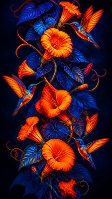 a climbing vine of flowers and hummingbirds on a dark background, tall wrapping composition, no text