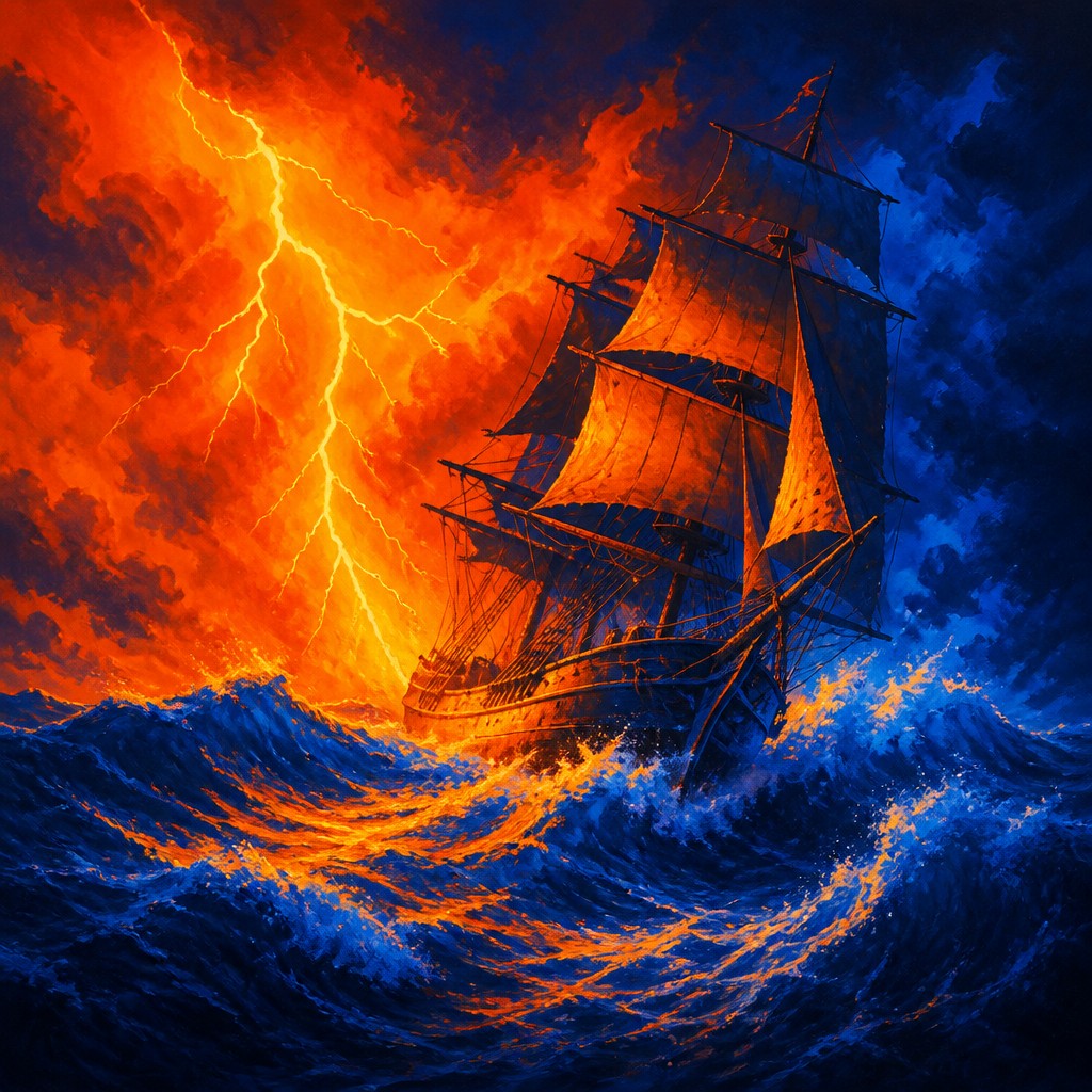 sailing ship on a stormy sea — Complementary Color Art Style
