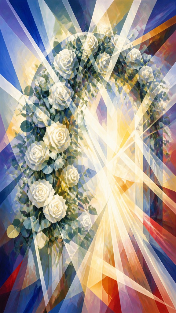 an arch of white roses and eucalyptus in soft morning light, elegant vertical composition with open space, no text
