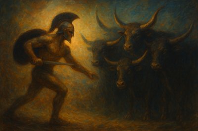 a painting of a man standing next to two bulls