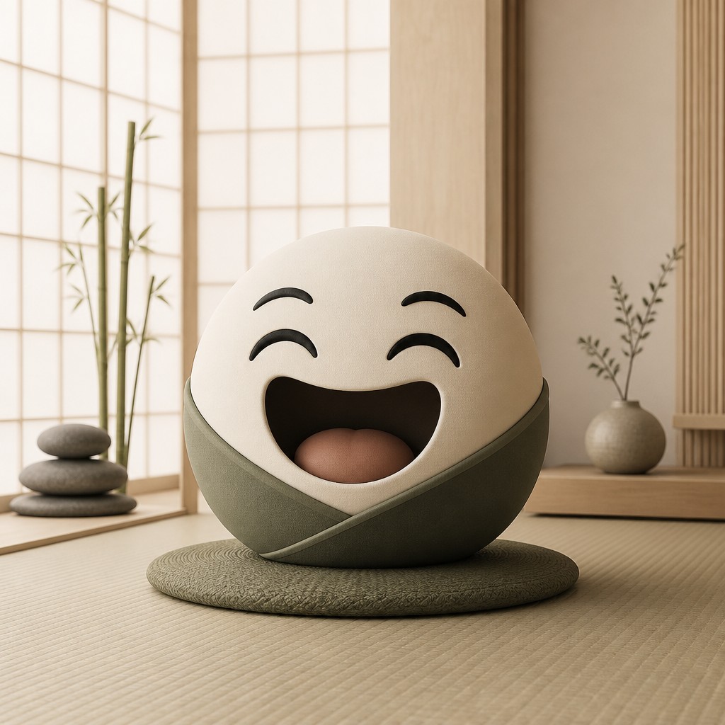 an exaggerated laughing face of an original round mascot character, bold and readable at small size, plain background, no text
