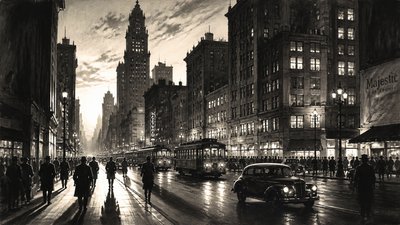 bustling city street panorama at dusk