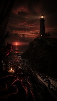a lone lighthouse on a cliff at dusk under a dramatic sky, no text or lettering