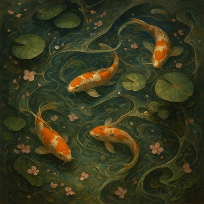 A koi pond seen from above, orange and white koi fish swimming among lily pads, clear water with subtle ripples, fallen cherry blossom petals floating on the surface, dappled sunlight