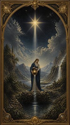 a robed figure pouring water beneath a large eight-pointed star in a night sky, symmetrical composition with an ornate decorative border, no text
