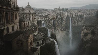 a cliffside city with waterfalls cascading into a misty canyon, wide establishing shot, no people, no text