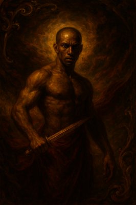 a painting of a man holding a knife