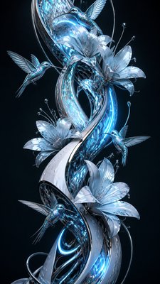a climbing vine of flowers and hummingbirds on a dark background, tall wrapping composition, no text