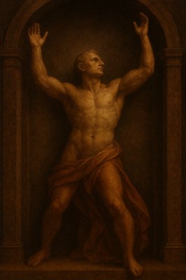 a painting of a man with his hands in the air