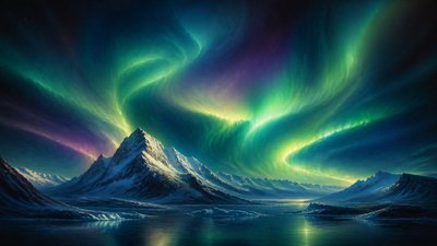 a flowing aurora over snowy peaks, wide sweeping composition, no people, no text