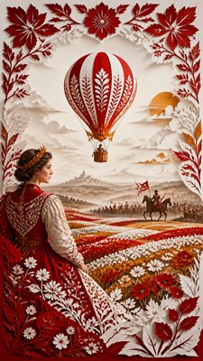 a hot air balloon drifting over rolling flower fields on a sunny day, cheerful, no text