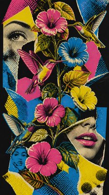 a climbing vine of flowers and hummingbirds on a dark background, tall wrapping composition, no text