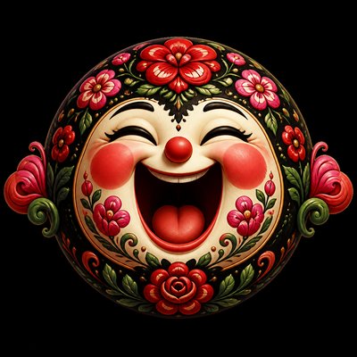 an exaggerated laughing face of an original round mascot character, bold and readable at small size, plain background, no text