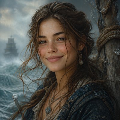 head-and-shoulders portrait of an original character: a young woman with wavy chestnut hair and a warm smile, plain soft backdrop
