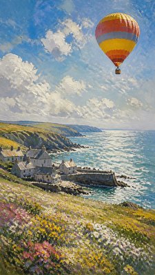 a hot air balloon drifting over rolling flower fields on a sunny day, cheerful, no text