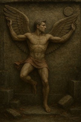 a painting of a man with wings on a wall