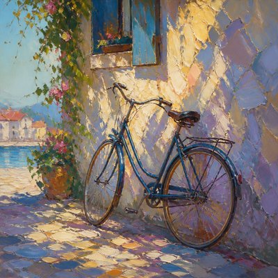 bicyle resting against a wall — Impressionist Nature Art