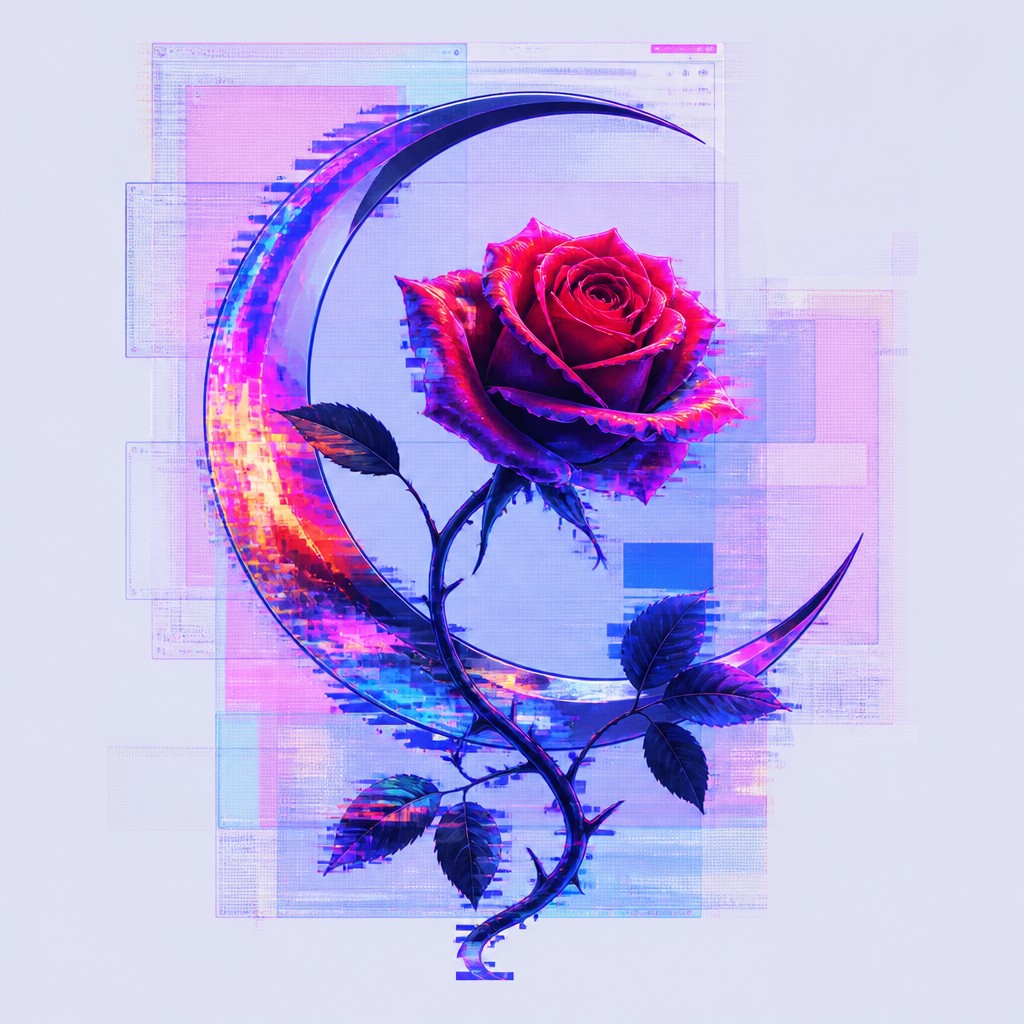 a rose entwined with a crescent moon, clean balanced composition on a plain background, no text