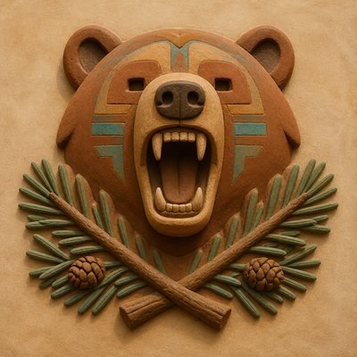 a roaring bear head above crossed pine branches, bold graphic composition on a plain background, no text