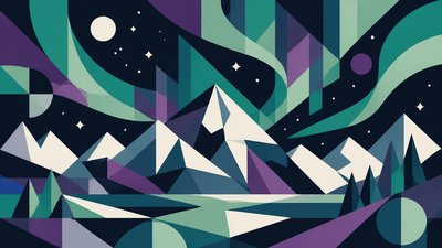 a flowing aurora over snowy peaks, wide sweeping composition, no people, no text