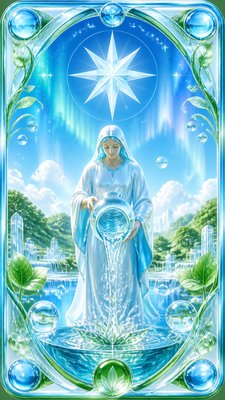 a robed figure pouring water beneath a large eight-pointed star in a night sky, symmetrical composition with an ornate decorative border, no text