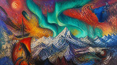 a flowing aurora over snowy peaks, wide sweeping composition, no people, no text