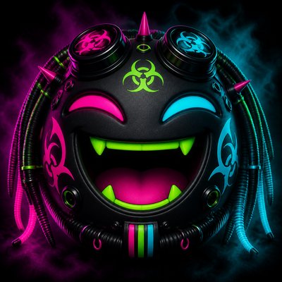 an exaggerated laughing face of an original round mascot character, bold and readable at small size, plain background, no text