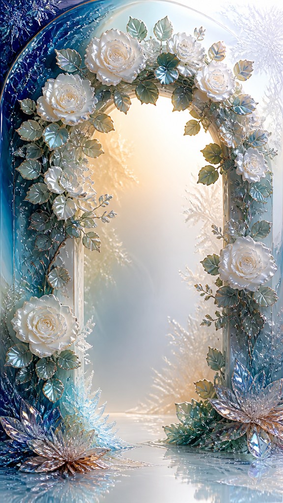 an arch of white roses and eucalyptus in soft morning light, elegant vertical composition with open space, no text