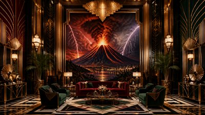 an erupting volcano with lightning strikes, dramatic wide composition, no text