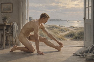 danish seacoast scene one side view kneeling ignudi athlete doing stretching leg and hand yoga exercise 