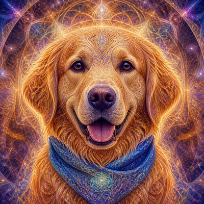 portrait of a golden retriever wearing a blue bandana, warm plain backdrop, no text