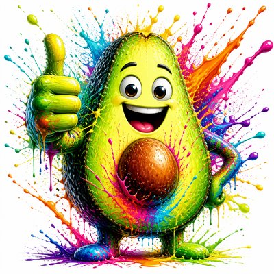 a happy avocado character giving a thumbs up, bold readable design on a plain background, no text