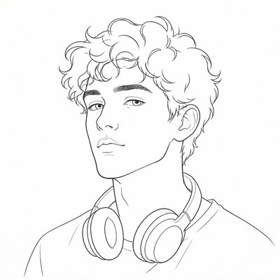 head-and-shoulders portrait of an original character: a young man with curly dark hair and headphones around his neck, plain backdrop, no text