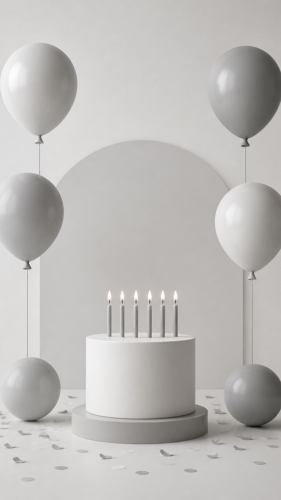 a birthday cake with lit candles surrounded by balloons and confetti, festive vertical composition, no text