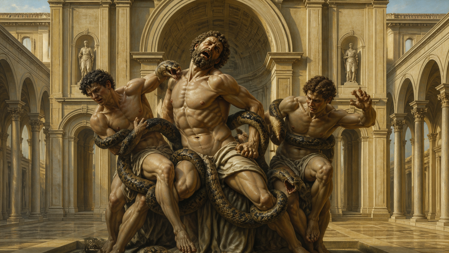 three athletes posing for a Renaissance painting of the Laocoon men being bitten by a python snake