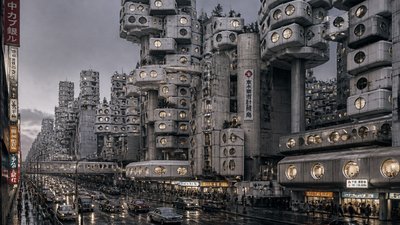 bustling city street panorama at dusk