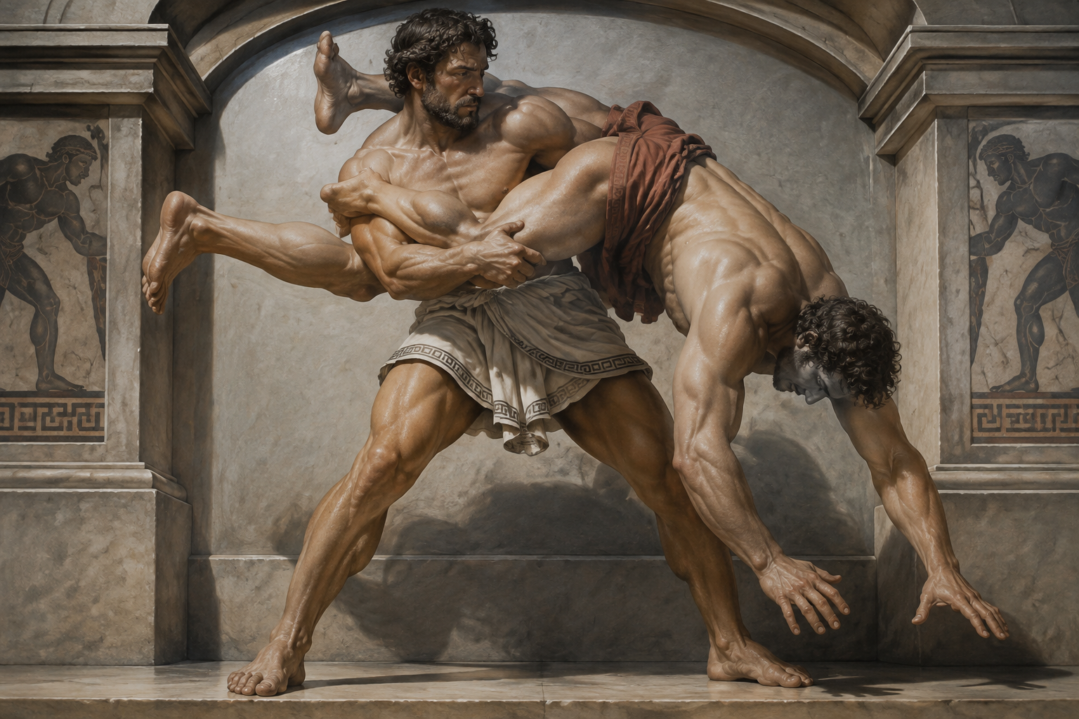 ancient greek wrestler grabbing his opponent and lifting him up