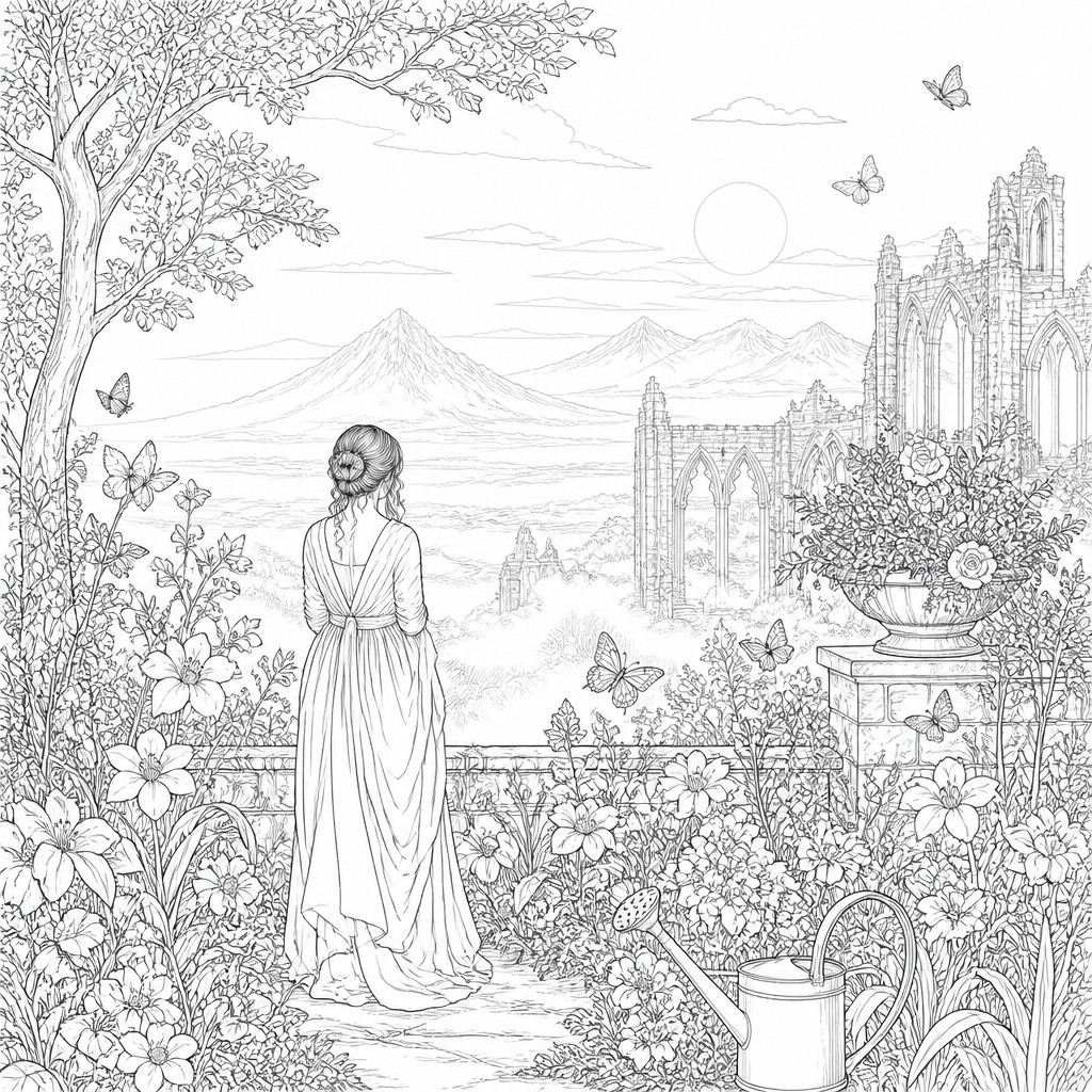 a garden scene with butterflies, flowers and a watering can, clean uncolored line art, no text