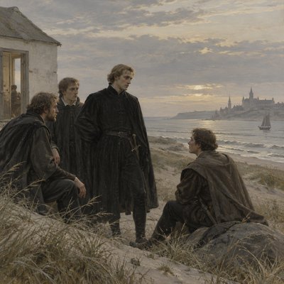 Hamlet Prince of Denmark and his three companions meet on the shore of Denmark